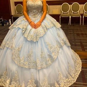A blue and gold ball gown.